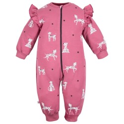 Pajac dziecięcy bez stópek w pieski ciemnoróżowy jagodowy