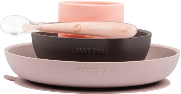 Nattou silikonowe naczynia dla dzieci, zestaw 4w1 z kubkiem Pink
